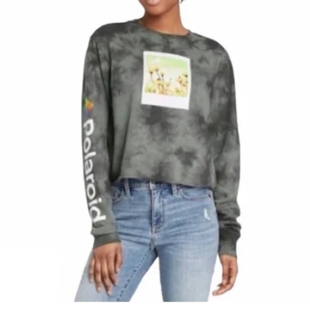 Polaroid Photo Cropped Crewneck Sweatshirt Green